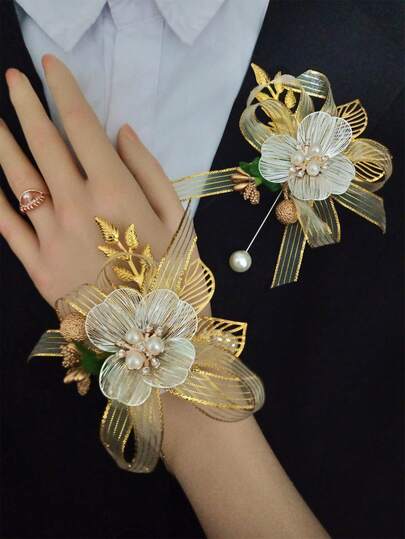 1枚闪亮玫瑰复古优雅胸针 + 1枚腕花套装，男女通用设计，适合新郎、新娘、婚礼、正式派对、宴会、舞会等场合的装饰配饰