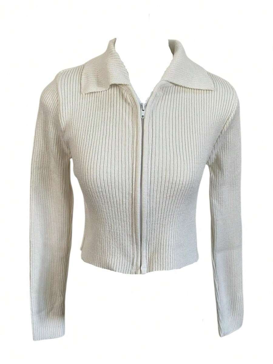 Knitted Cropped Cardigan Jacket With Ribbed Fashion Zipper - 白色 - 查看 1