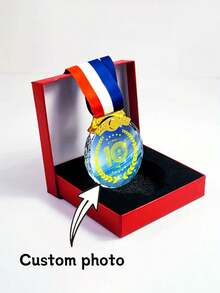 1 pieza Medalla de trofeo de cristal personalizado para premio DIY, medalla de cristal con premio personalizado de color impreso, medalla de vidrio en blanco para trofeo de deportes de diseño DIY, trofeo de juego de alianza de viaje, insignia con cinta y caja de regalo
