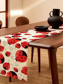 1pc Hand-Painted Seven-Spot Ladybug Insect Print Linen Table Runner, Suitable For Holidays, Parties, Birthdays, Dinners, Kitchen, Dining Room Decor, Shoe Cabinet Cover, All Season Home Decor - Multicolor - View 3