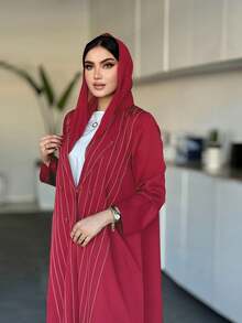 Modest Summer Women's Contrast Striped Robe Abaya, Fashionable Versatile Lightweight Jacket, Kaftan - Red - View 4