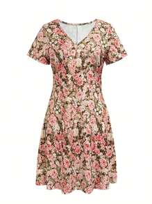 Women's Floral Print V-Neck Short Sleeve Casual Vacation Dress