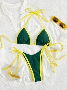 Spring Break Women's Color Blocking Sexy Halter Bikini Beach Vacation 2 Pieces Swimwear Set - Dark Green - View 7