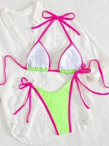 Spring Break Women's Contrast Color Sexy Bandeau Bikini Swimsuit Set, Beach Holiday Vacation Two Pieces - Multicolor - View 4