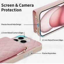 1 件菱形香氛手机袋/手机壳，奢华绗缝皮革，羊毛图案，斜挎肩带，硬币和卡槽，女士便携式保护套，适合 17、16、15、14、13、12、11、Galaxy，可选颜色：黑色、杏色、粉色、驼色、勃艮第酒红色、紫色、橙色、玛瑙黑、雅致白 - 粉色 - 查看 2