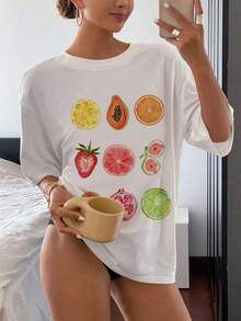 女士水果图案 T 恤、短袖圆领 T 恤、春夏上衣、生日礼物