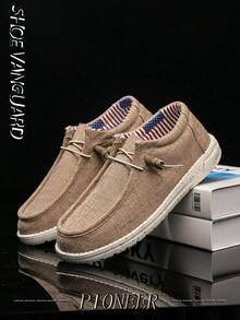 (Kích thước nhỏ hơn) Giày lười buộc dây phía trước cho nam, Giày thuyền đế bằng vải đa năng thoải mái khi đi ngoài trời, phù hợp với mọi mùa - Màu Khaki - Xem 5