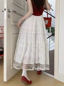 High Waist Lace Trim Slimming White A-Line Skirt, Suitable For Winter, Christmas, Spring Festival, New Year Outfits