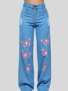 Wide Leg Jeans For Girls With Printed Red Buttons, Premium Model - 藍色 - 查看 2