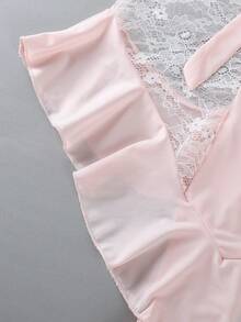 Women's Lace See-Through Ruffled Hem Pajamas With Bow Back Button Closure, Sexy One-Piece Sleepwear - Apricot - View 8