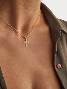 1pc Cross Necklace For Women,14K Gold Plated Cross Pendant Necklace Dainty Gold Cross Necklaces For Women Small Cross Charm Necklace Simple Cute Choker Necklaces Gold Jewery - 金色 - 查看 4