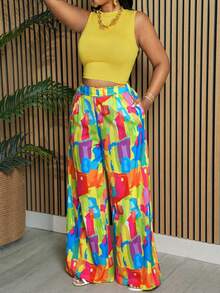 Women's Casual Vacation Style Ribbed Knit Mock Neck Sweater (Wavy Pattern) Paired With Wide Leg Woven Pants 2 Pieces Set - Yellow - View 3