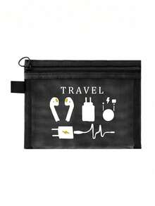 Mesh Cosmetic Bag With Data Cable Pattern,Printed With Data Cable, Headphone, And Charger Patterns Design,Red Air Cushion Storage Portable Storage Bag, Makeup Bag, Skincare Bag, Travel Essentials,For Holiday Beach, Bathroom Collection, Bedroom Collection, Large Capacity - Multicolor - View 15