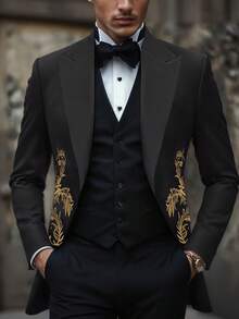 Patchwork Bump Collar Iron On Tiger Head Long Sleeve Blazer - Black - View 4