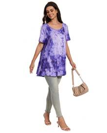Plus Size Tops For Women Short Sleeve Shirts Casual Round Neck Summer Clothes Tunics For Leggings - Hoa màu tím - Xem 5