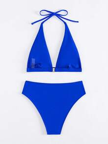 Summer New Solid Color 2pcs Halter Tie Back Bikini Set For Beach/Vacation - Royal Blue - View 6