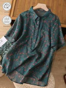 女士碎花立领亚麻衬衫短袖小翻领休闲上衣 - 綠色 - 查看 2