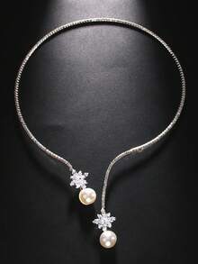 1 件华丽仿珍珠水钻装饰银色颈链婚礼新娘项圈首饰 - 金色 - 查看 2