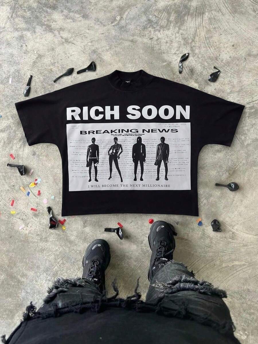 Plus Size Women T-Shirts,Rich Soon Breaking News  ,(1 Pcs )100% Cotton Casual Printed T-Shirt,Crew Neck Short Sleeve,220g  Cotton T-Shirt,For Going Out,Gift,Summer,Unisex - 黑色 - 查看 1