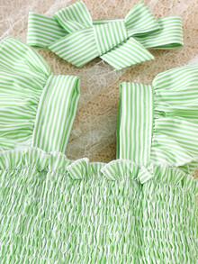 2pcs/Set Baby Girls Cute Cap Sleeve Striped Top And Bow Shorts With Headband, Spring/Summer - Green - View 4