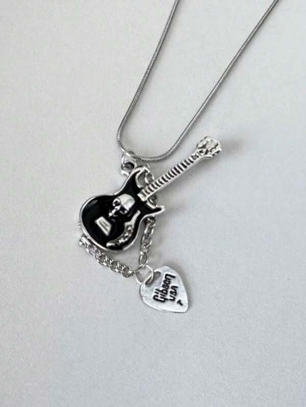 1 Pc Y2K Gothic Punk Rock Guitar Skull Necklace For Women & Men, For Daily Wear And Gatherings