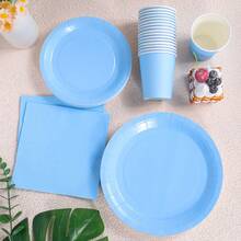 Sky Blue Disposable Tableware Set, 7/9 Inch Party Plates, Napkins, Paper Cups, Birthday Party Gifts, Gathering Decoration, Disposable Paper Plates, Napkins, Cups Suitable For Birthday Theme Party Supplies - Baby Blue - View 4