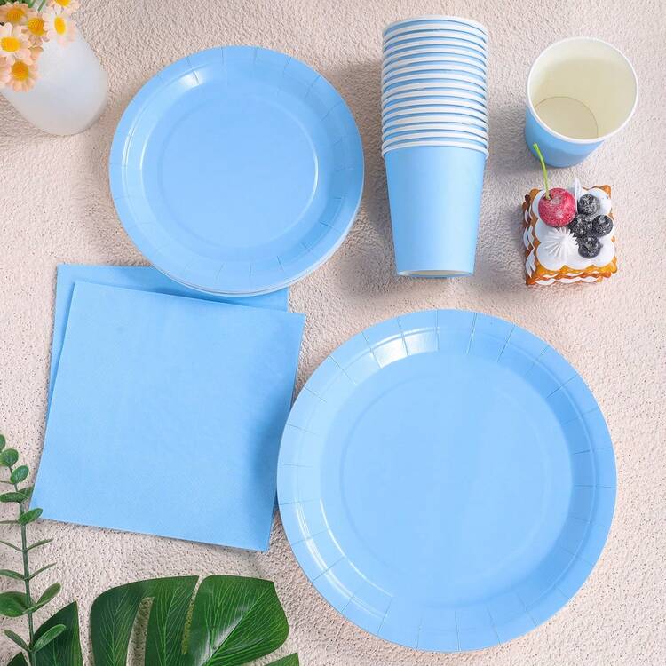 天蓝色一次性餐具套装，7/9英寸派对盘子、餐巾、纸杯、生日派对礼物、聚会装饰，一次性纸盘、餐巾、杯子适合生日主题派对用品 - baby藍 - 查看 4