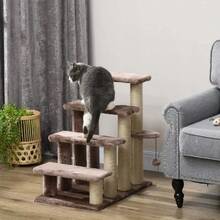 PawHut 4 Levels Cat Steps, Pet Stairs Carpeted Ladder, Kitten Tree Climber With Scratching Posts, Hanging Play Ball, Side Step, Brown
