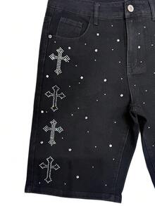 男士交叉水钻口袋休闲百搭牛仔短裤，emo 风格