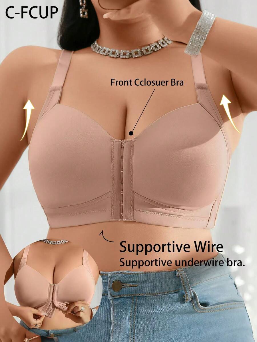 Plus Size Women Fashionable Everyday Seamless Front Closure Bra - Apricot - View 1