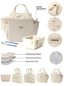 1件/套 大容量便携午餐包,灯芯绒保温午餐盒,可重复使用的保温午餐手提袋,多功能柔软防漏午餐手提包,男女通用,带水壶袋和侧袋,是工作、办公室、旅行、野餐、上学等场合的理想便当包(灯芯绒花卉图案),也是学习用品、教室收纳袋的理想之选,送给老师、朋友和家人的礼物,返校必备 - 彩色 - 查看 3