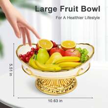 Ceramic Fruit Bowl For Kitchen Countertop, Decorative Bowl For Home Decor, Gold Fruit Bowl, Large Handmade Ceramic Fruit Serving Bowl, For Small Kitchen Countertops & Dining Table - White - View 2