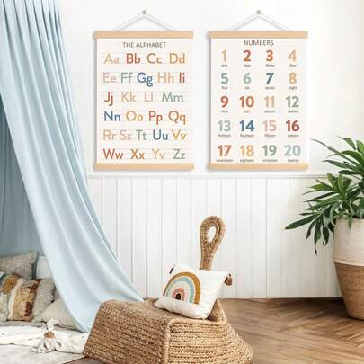 2 件套字母数字海报挂钩，幼儿园墙壁装饰，带木框的 ABC 横幅海报墙壁艺术，字母横幅墙壁挂饰幼儿游戏室托儿所..