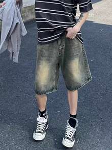 男士印花斜插袋牛仔短裤，修身直筒及膝短裤，夏季薄面料，emo 风格