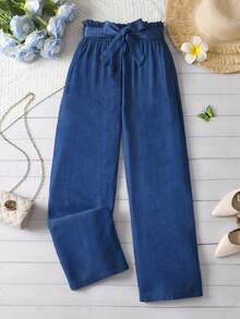 1pc Denim Effect Fabric Comfortable Teens/Juniors Girls Pants With Belt, Suitable For Daily Outings - Royal Blue - View 1