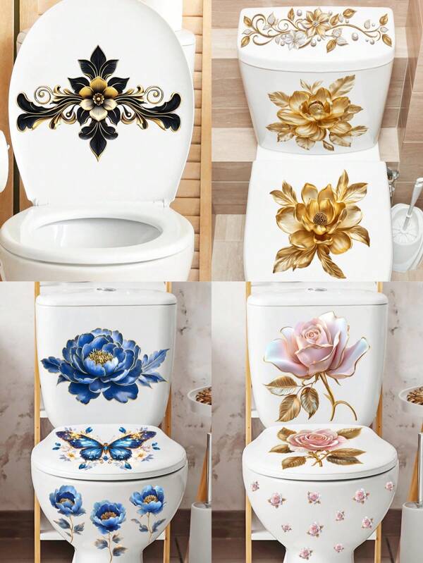 1 pieza Pegatinas 3D de flores doradas para tapa de inodoro, calcomanías autoadhesivas extraíbles e impermeables con diseño de mariposa y flor para decorar la tapa del inodoro, paredes del baño, cocina, sala de estar, dormitorio y otros espacios del hogar