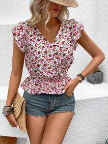BLUSA DAMA ESTAMPADA FLORES MANGA CORTA CINTURA AJUSTADA PEPLUM CUELLO V - Multicolor - Ver 3