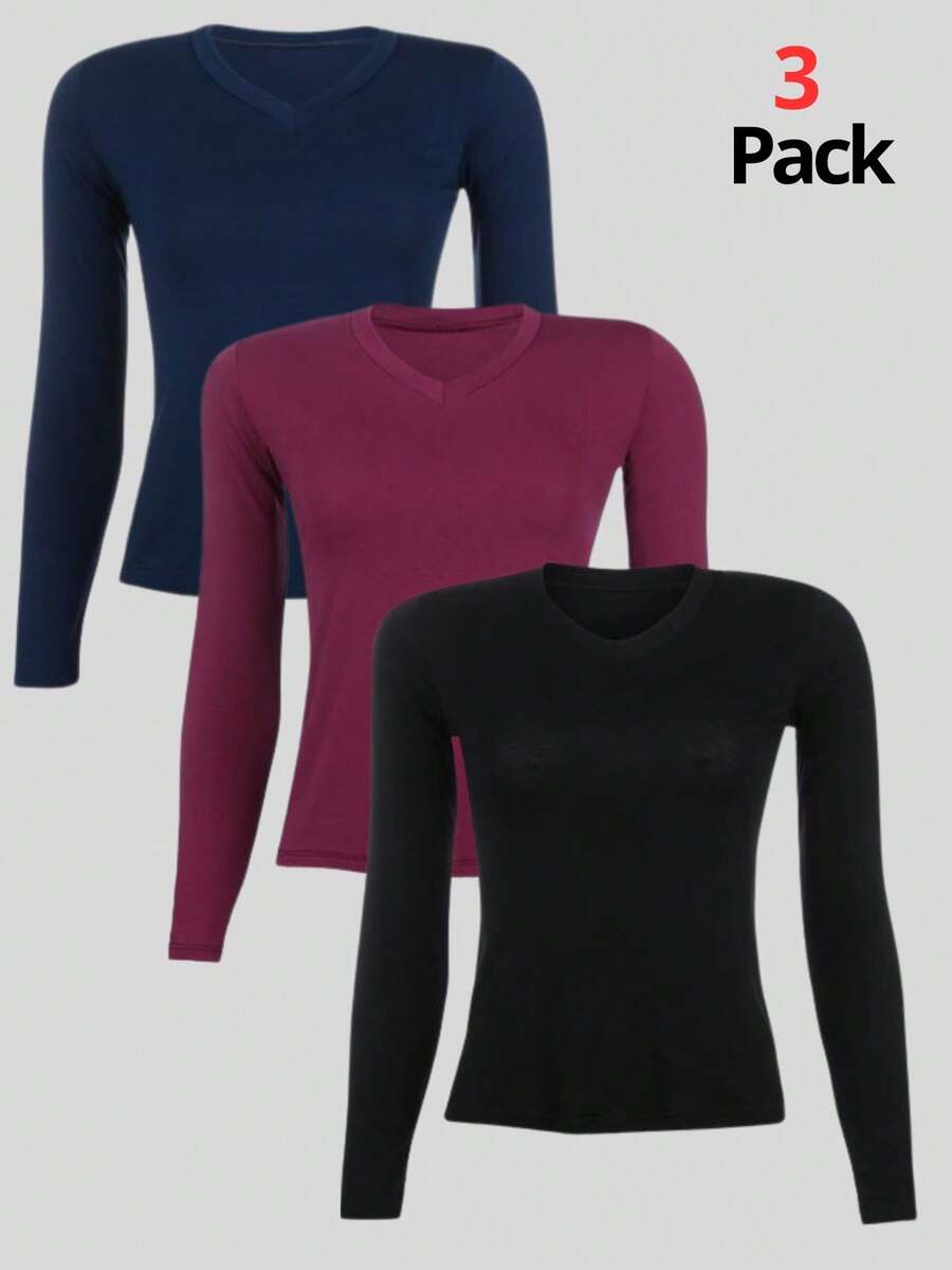 Kit 3 Women's Basic Long Sleeve V-Neck Blouses - Azul marino-vino-negro - Ver 1