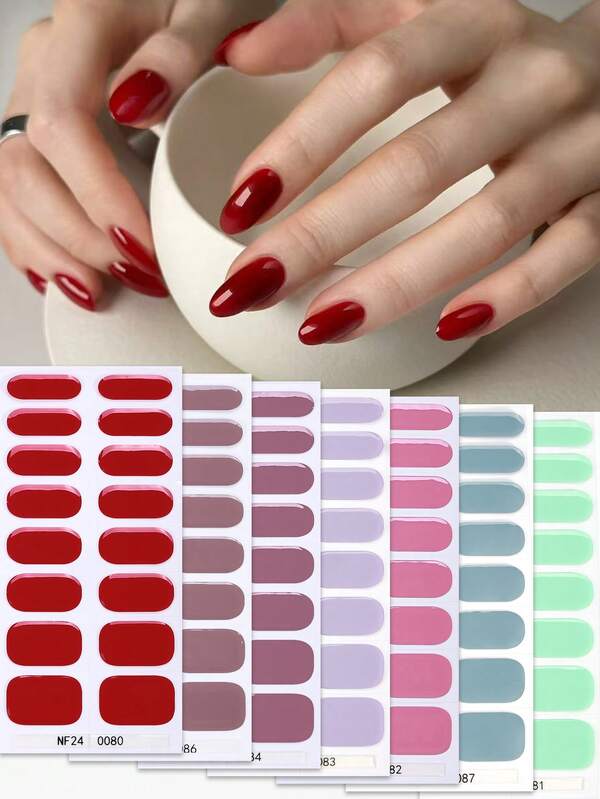 16pcs Red Semi Cured Gel Nail Strips, Spring/Summer Plain Self Adhesive Gel Nail Full Wraps, Need UV Lamp, Easy To Apply And Go Out, Suitable For Ladies DIY Nail Supplies Nail Stickers Nails