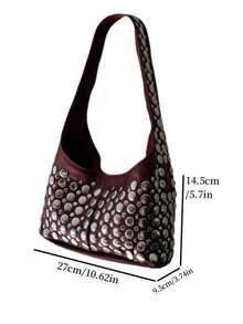 1pc Women's Punk Style Shoulder Bag + Fashion Handbag + Rivet Embellished + Durable PU + Magnetic Closure + Suitable For Daily Use, Commute And Party - Burgundy - View 4