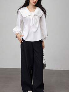 清新蝴蝶结海军蓝翻领衬衫 - 白色 - 查看 8