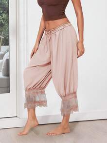 Womens Cropped Pants Loose Mid Rise Patchwork Lace Lantern Trousers Casual Streetwear - 香檳色 - 查看 4