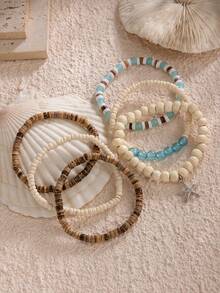6pcs Boho Ocean Style Coconut Shell Beaded Bracelet Set, Starfish & Shell Pendant, Charming Jewelry For Men Beach Party Vacation