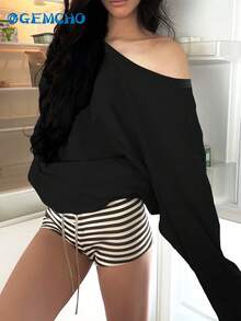 GEMCHO Women's Simple Print Open Shoulder Long Sleeve Slouchy Sweatshirt,Long Sleeve Tops Spring And Summer - Black - View 3