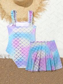 2 件套青少年女孩鱼鳞印花比基尼泳装套装舒适泳衣夏季衣服户外沙滩礼物