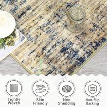 Tappeto moderno antimacchia blu-beige con motivo astratto - lavabile in lavatrice, antiscivolo, tappeto neutro per interni per soggiorno e camera da letto - Cammello blu - Visualizzare 3