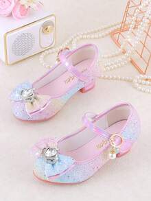 闪亮彩虹公主女孩高跟鞋，闪亮粉色和紫色正装鞋，带有珍珠和水钻装饰，防滑橡胶鞋底，钩环扣，适合表演、派对和特殊场合 - 粉色 - 查看 3