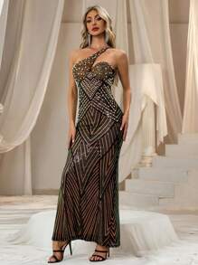 Fall Clothes Plus Size Or Women Autumn Women's One Shoulder Pearl Sequin Rhinestone Fishtail Hem Slim Fit Dress. For Wedding (Bridesmaid, Guest Wear), Party, Formal Dinner, Easter, Rave, Prom, Festival, Graduation