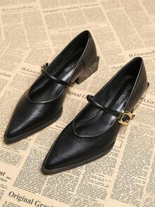 2025 春季新款尖头浅平底鞋，优雅简约百搭时尚女鞋，黑色低中粗跟高跟鞋