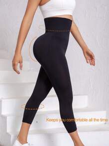 1 pieza Leggings de cintura alta con control de abdomen y soporte de espina de pescado, estilo básico sólido para mujeres